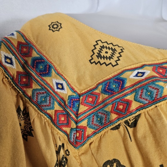 Ryan Michael Top Women's XL Mustard Embroidered Southwestern AOP Tie Neck Cotton - Picture 11 of 13